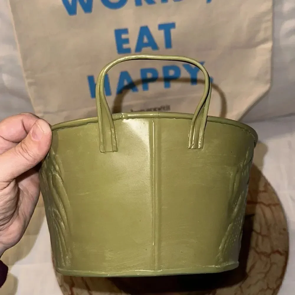 Metal Tin Bowl with Handles Green Fruit Harvest Dented Design